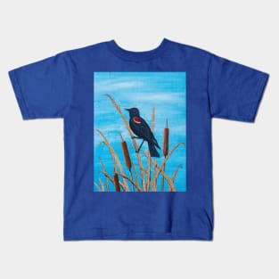 Red Winged Blackbird at the Pond Kids T-Shirt